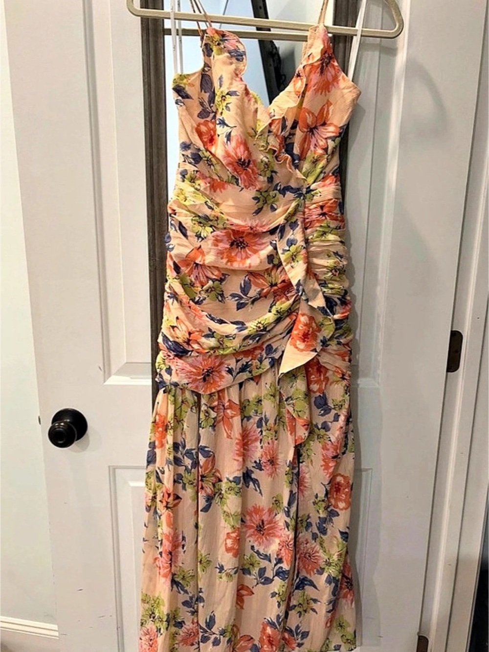 Lulus Fiametta Orange and Pink Floral Ruched Maxi Dress